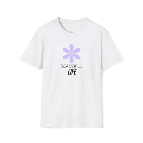 White Beautiful Life T-Shirt, front view with purple flower graphic and black text print