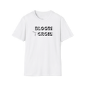 White Bloom and Grow T-shirt, front view with black retro lettering and small hand-drawn sprout detail