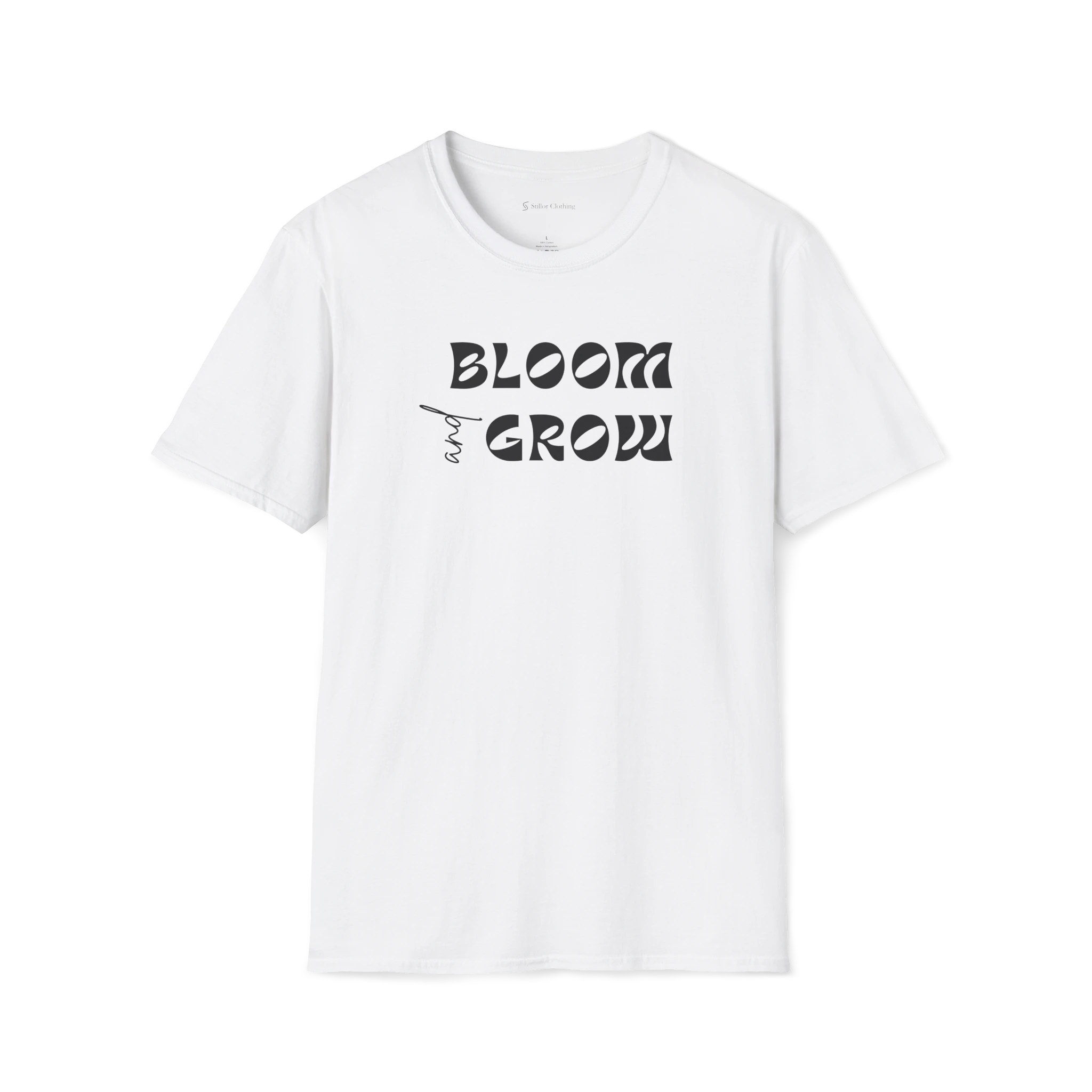 White Bloom and Grow T-shirt, front view with black retro lettering and small hand-drawn sprout detail