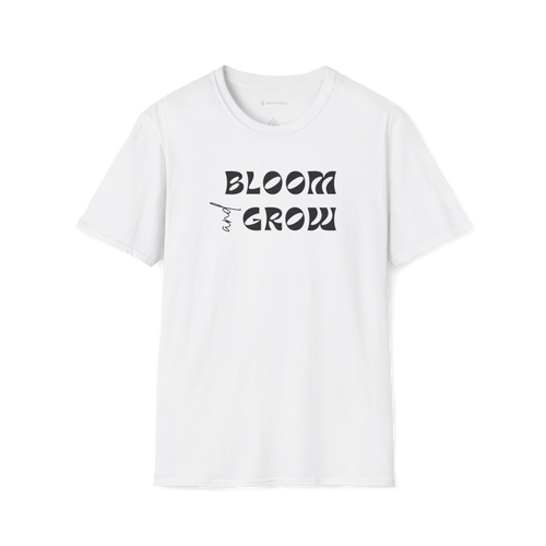 White Bloom and Grow T-shirt, front view with black retro lettering and small hand-drawn sprout detail