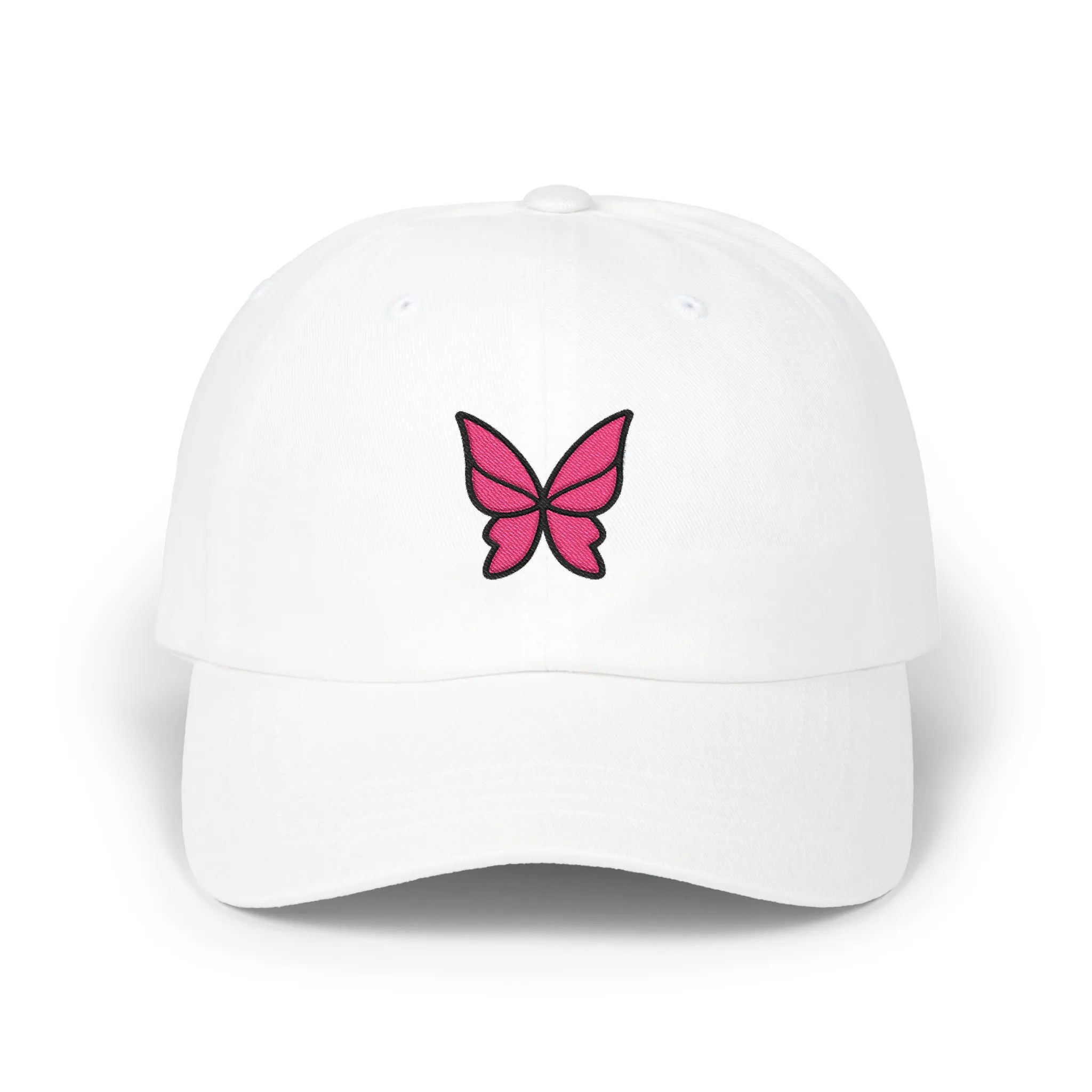 White butterfly baseball cap, front view with pink butterfly embroidery outlined in black