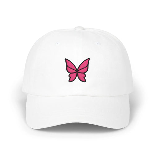 White butterfly baseball cap, front view with pink butterfly embroidery outlined in black