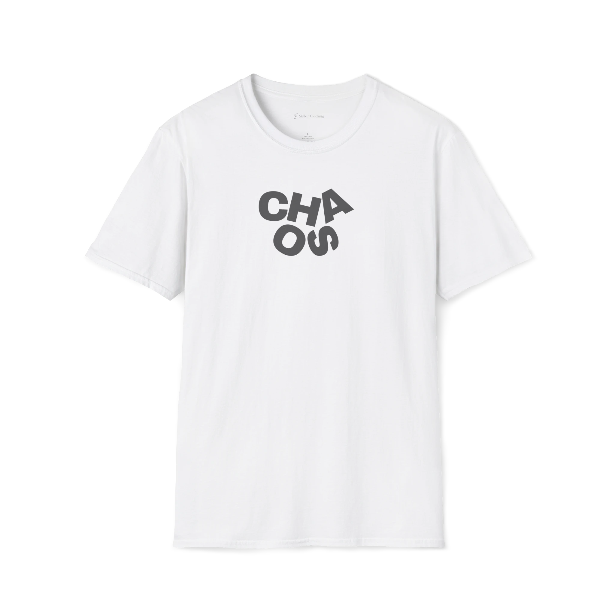White Chaos T-Shirt, front view with grey stacked CHAOS lettering on the chest