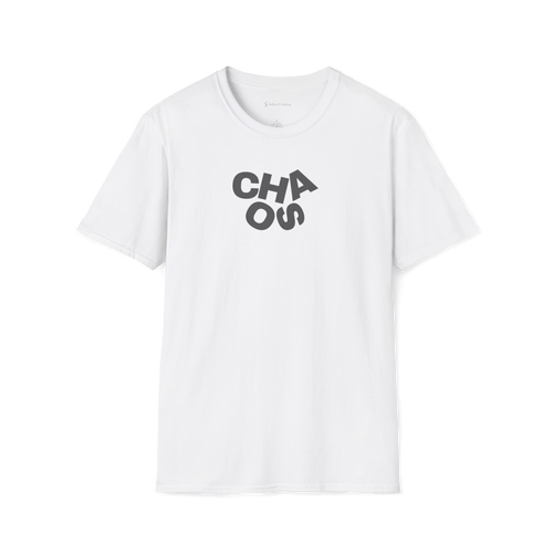 White Chaos T-Shirt, front view with grey stacked CHAOS lettering on the chest
