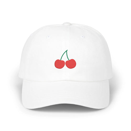 White cherry baseball cap, front view with two red cherry embroideries and green stems
