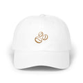White coffee beans baseball cap, front view with three brown coffee bean embroideries