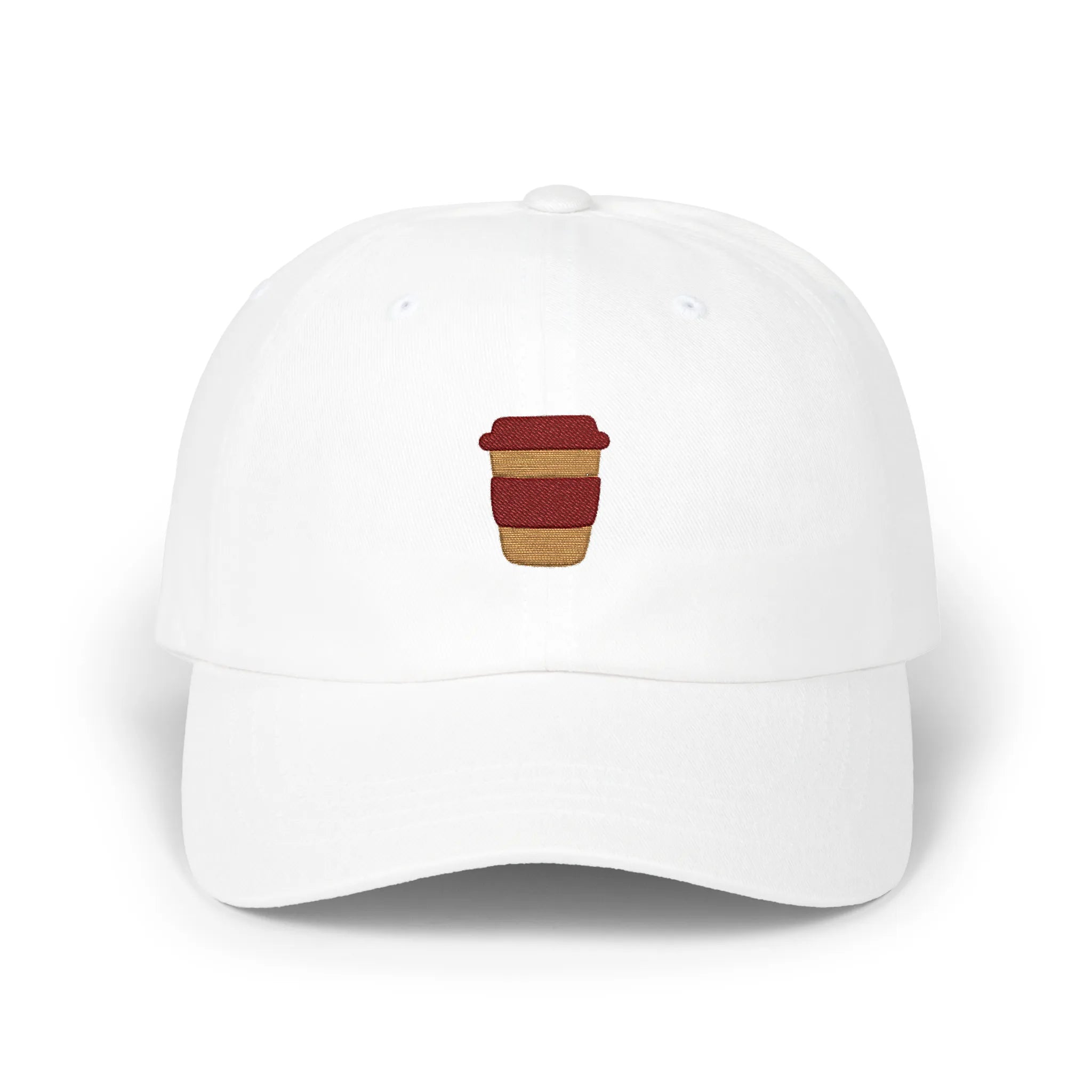 White coffee mug baseball cap, front view with brown takeaway cup embroidery