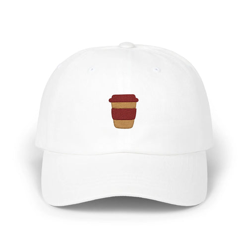 White coffee mug baseball cap, front view with brown takeaway cup embroidery