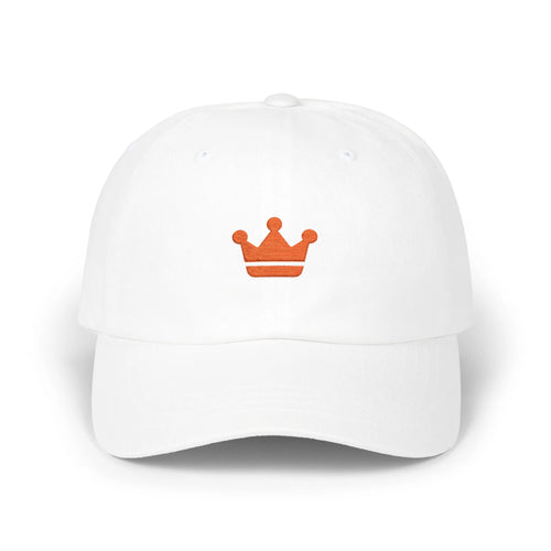 White crown baseball cap, front view with orange crown embroidery at center