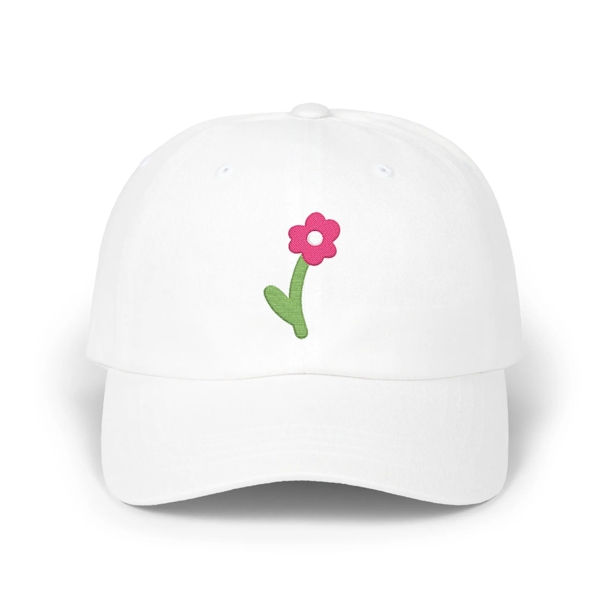 White cute flower baseball cap, front view with pink flower and green stem embroidery