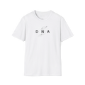 White DNA t-shirt, front view with minimal helix line artwork and spaced lettering.
