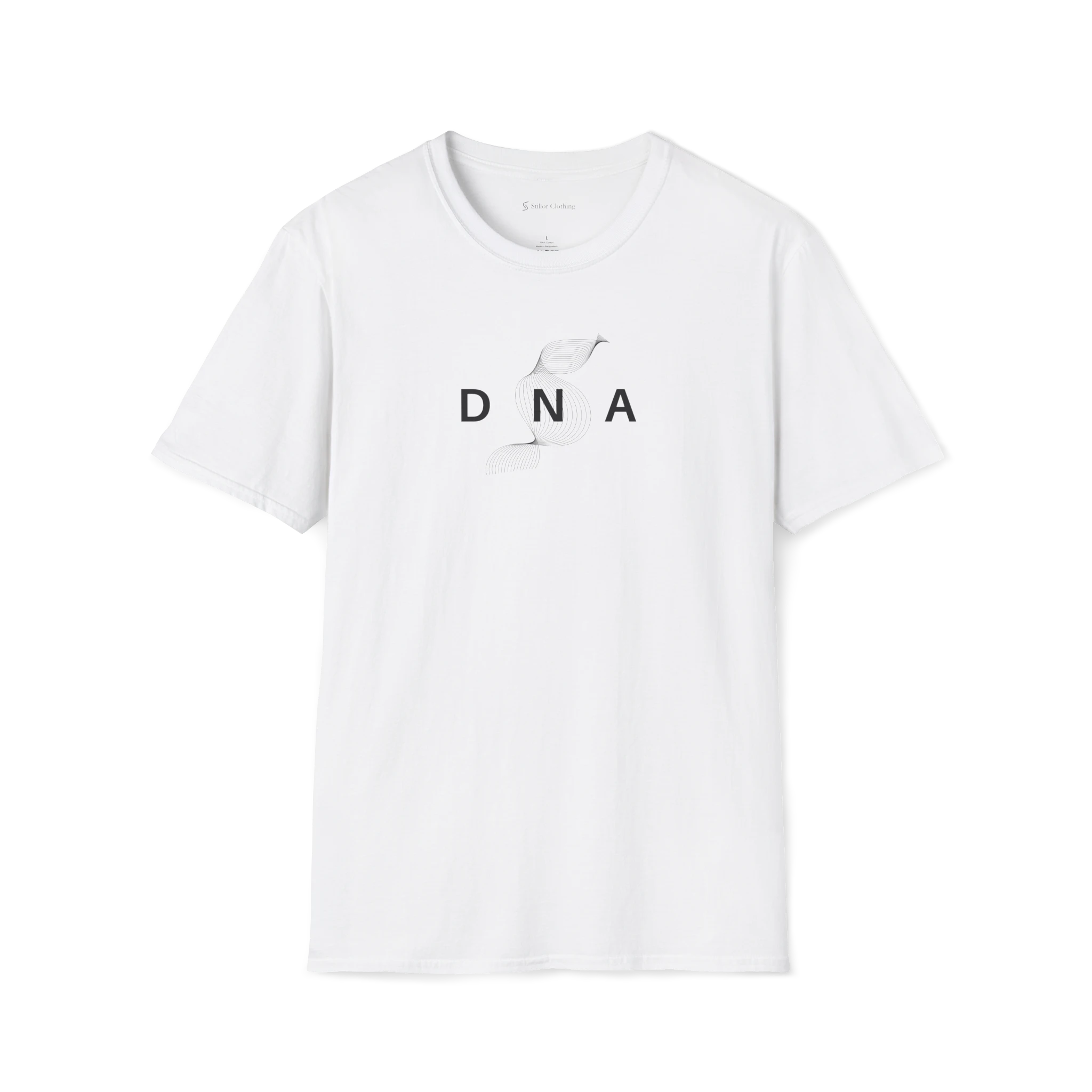 White DNA t-shirt, front view with minimal helix line artwork and spaced lettering.