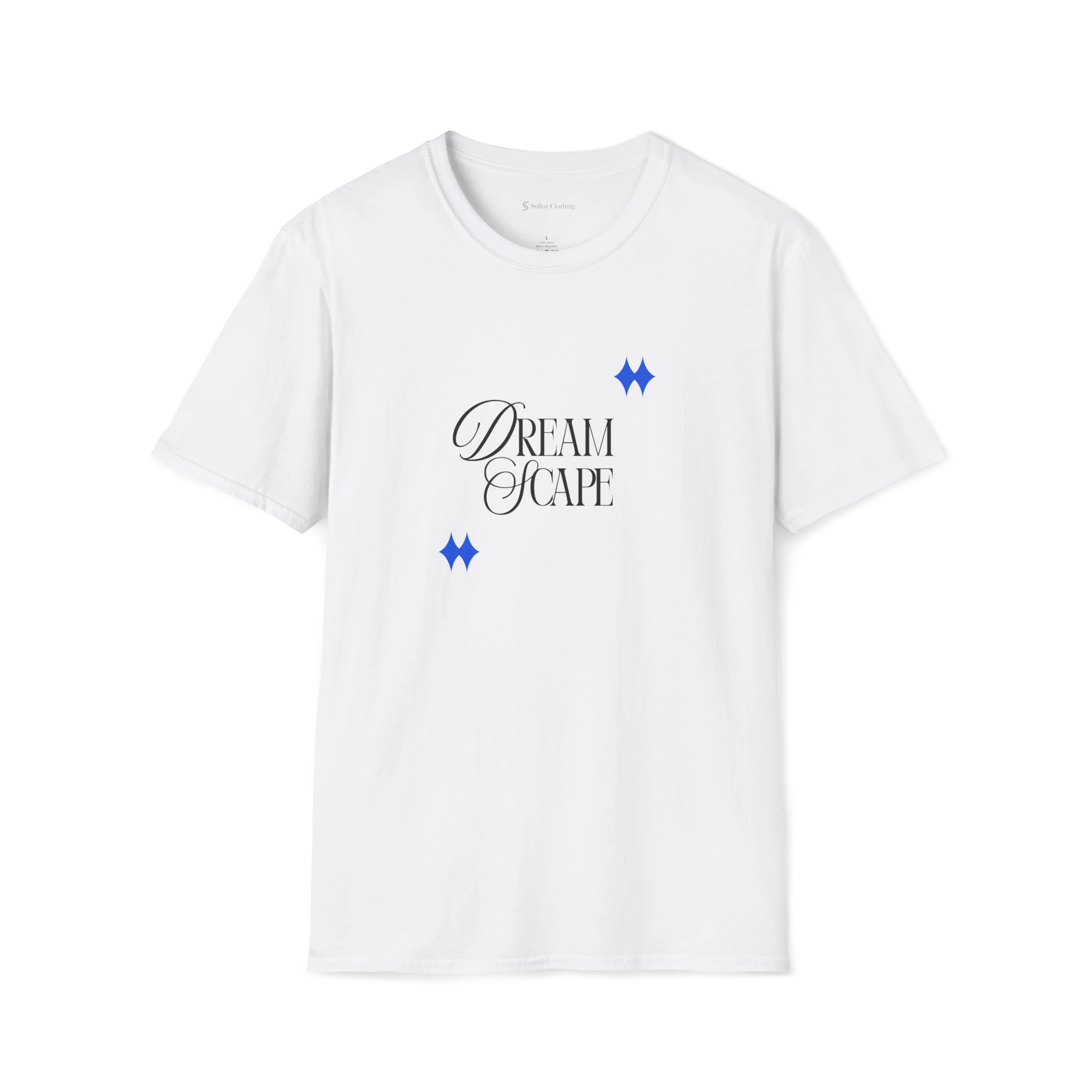White DreamScape t-shirt, front view with elegant Dream Scape lettering and blue sparkle accents