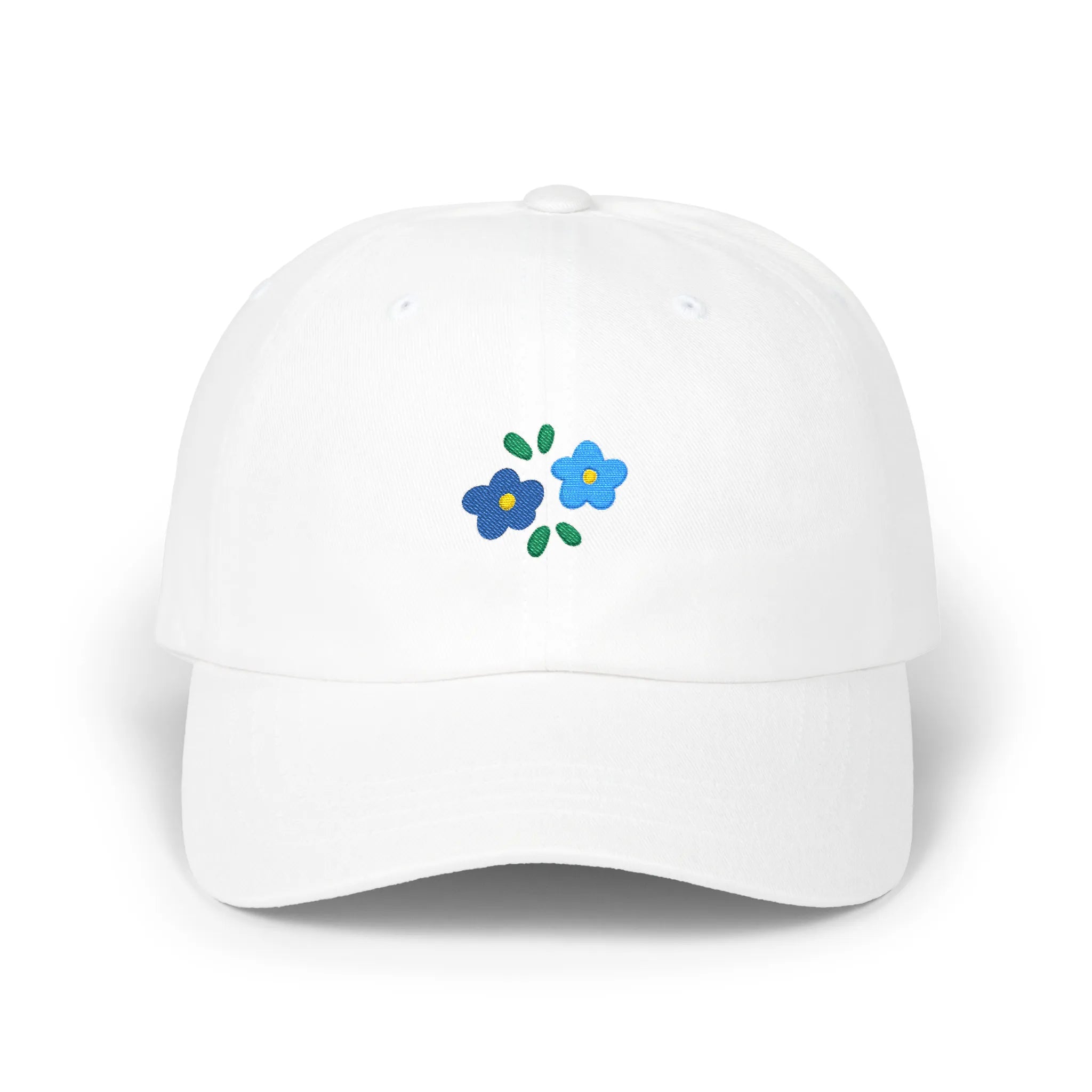 White flowers baseball cap, front view with two blue flower embroideries and green leaves
