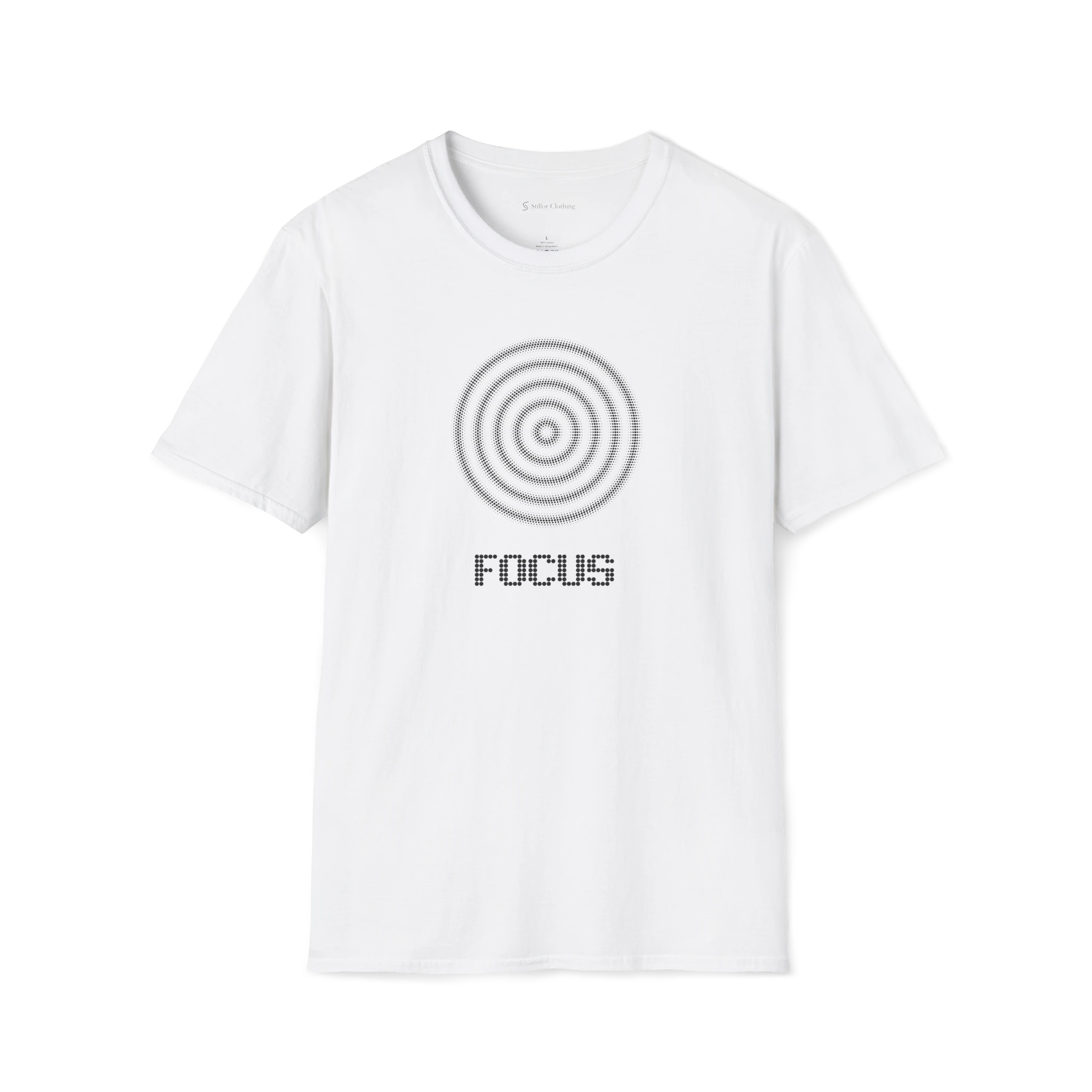 White Focus t-shirt, front view with dotted spiral target graphic and focus text
