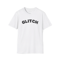 White Glitch T-Shirt, front view with distorted black arched glitch text print