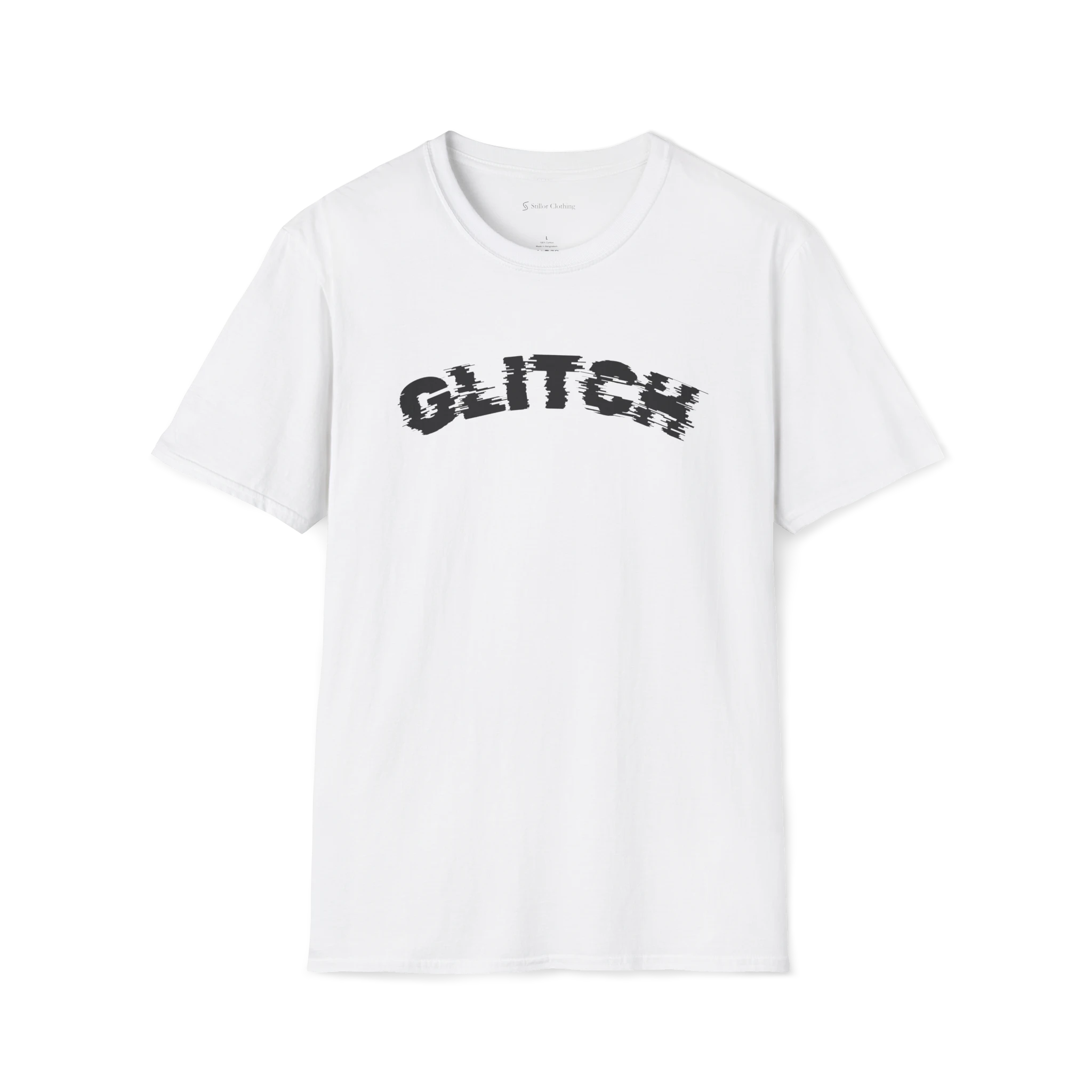 White Glitch T-Shirt, front view with distorted black arched glitch text print