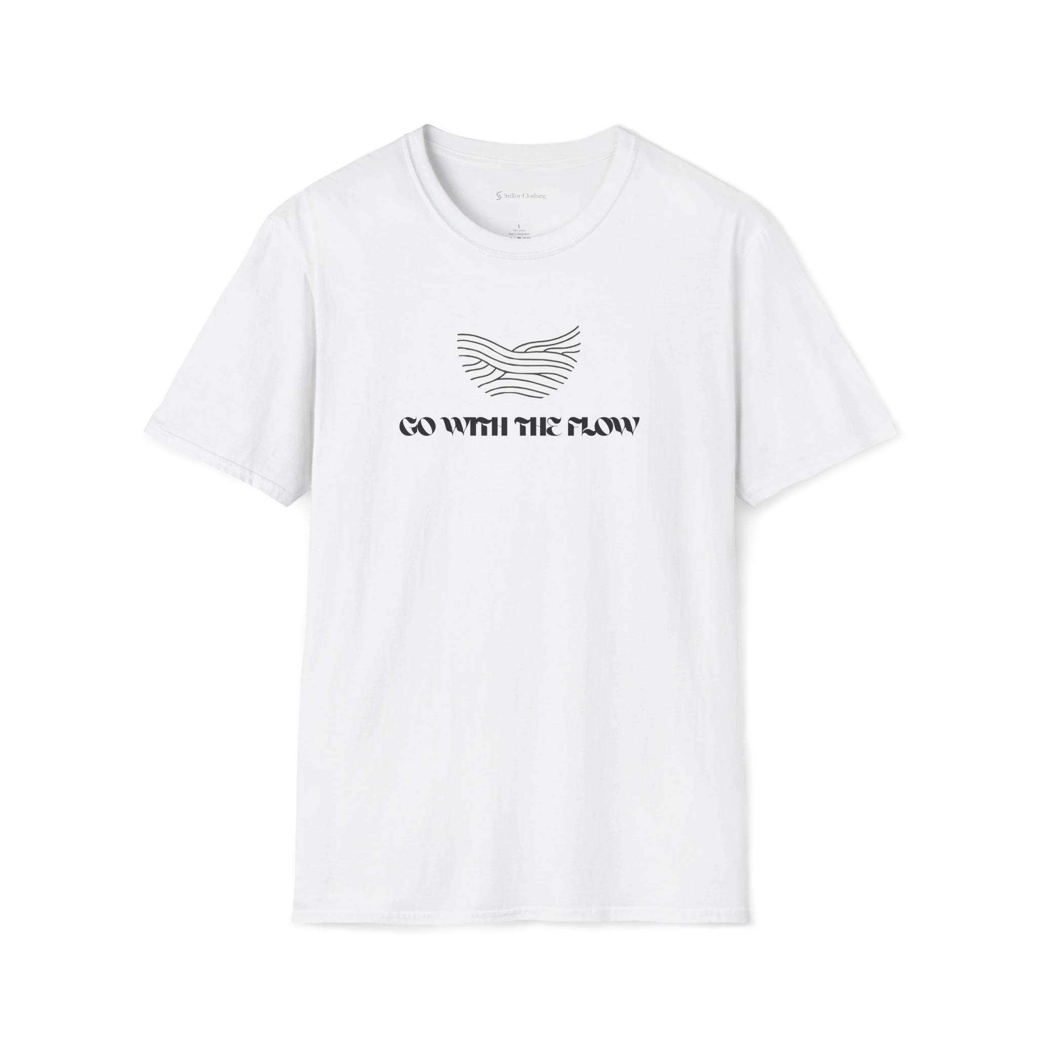 White Go With The Flow t-shirt, front view with black wave line artwork above bold text.