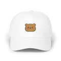 White happy teddy baseball cap, front view with brown teddy face embroidery and pink cheeks