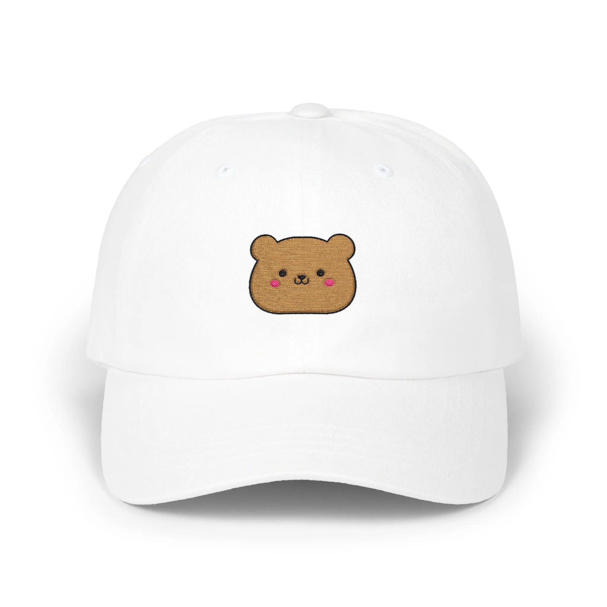 White happy teddy baseball cap, front view with brown teddy face embroidery and pink cheeks