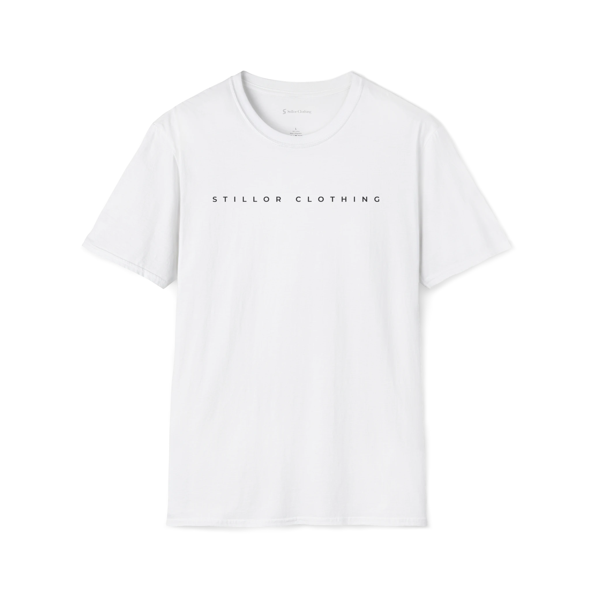 White Horizon t-shirt, front view with spaced Stillor Clothing wordmark across the chest