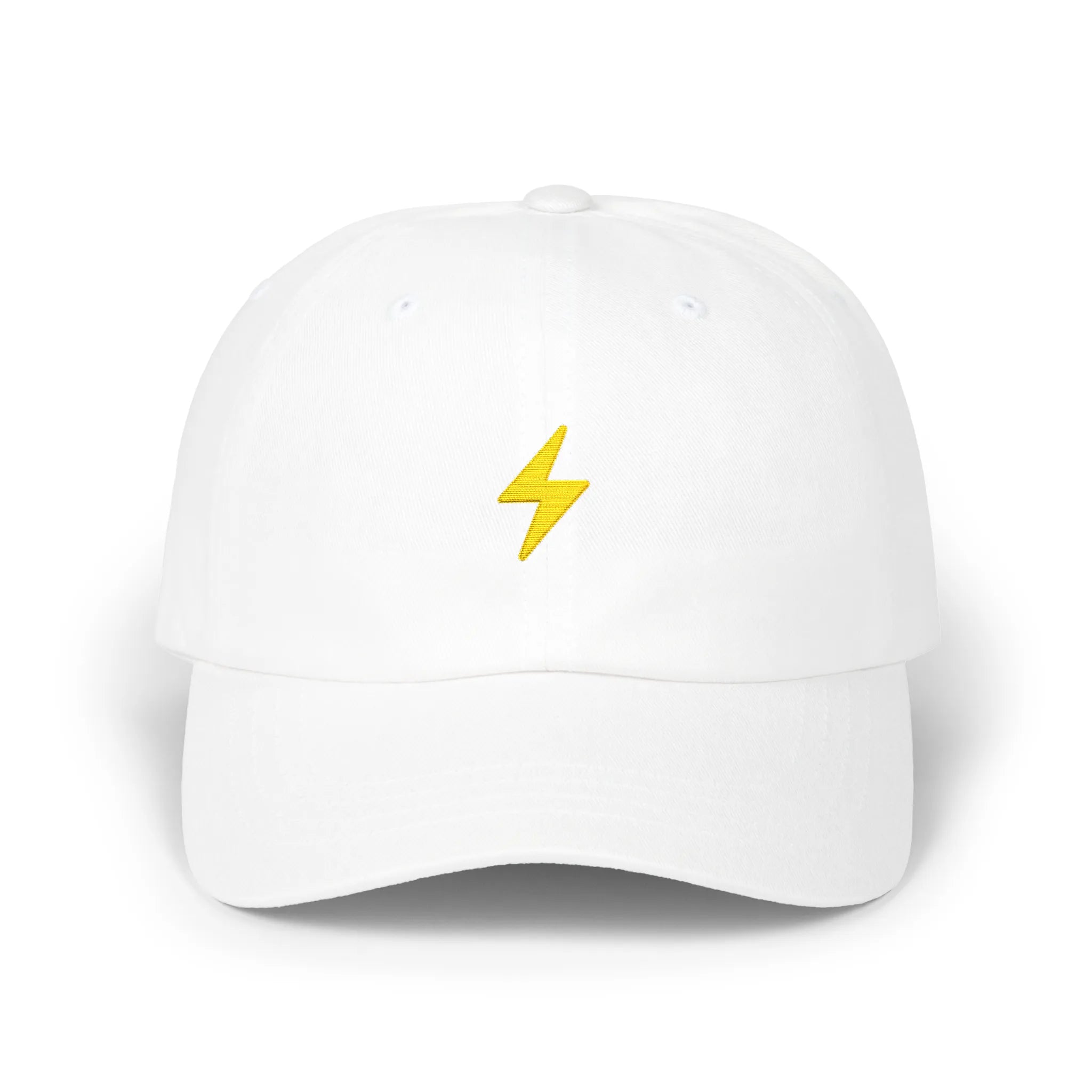 White lightning bolt baseball cap, front view with yellow bolt embroidery at center