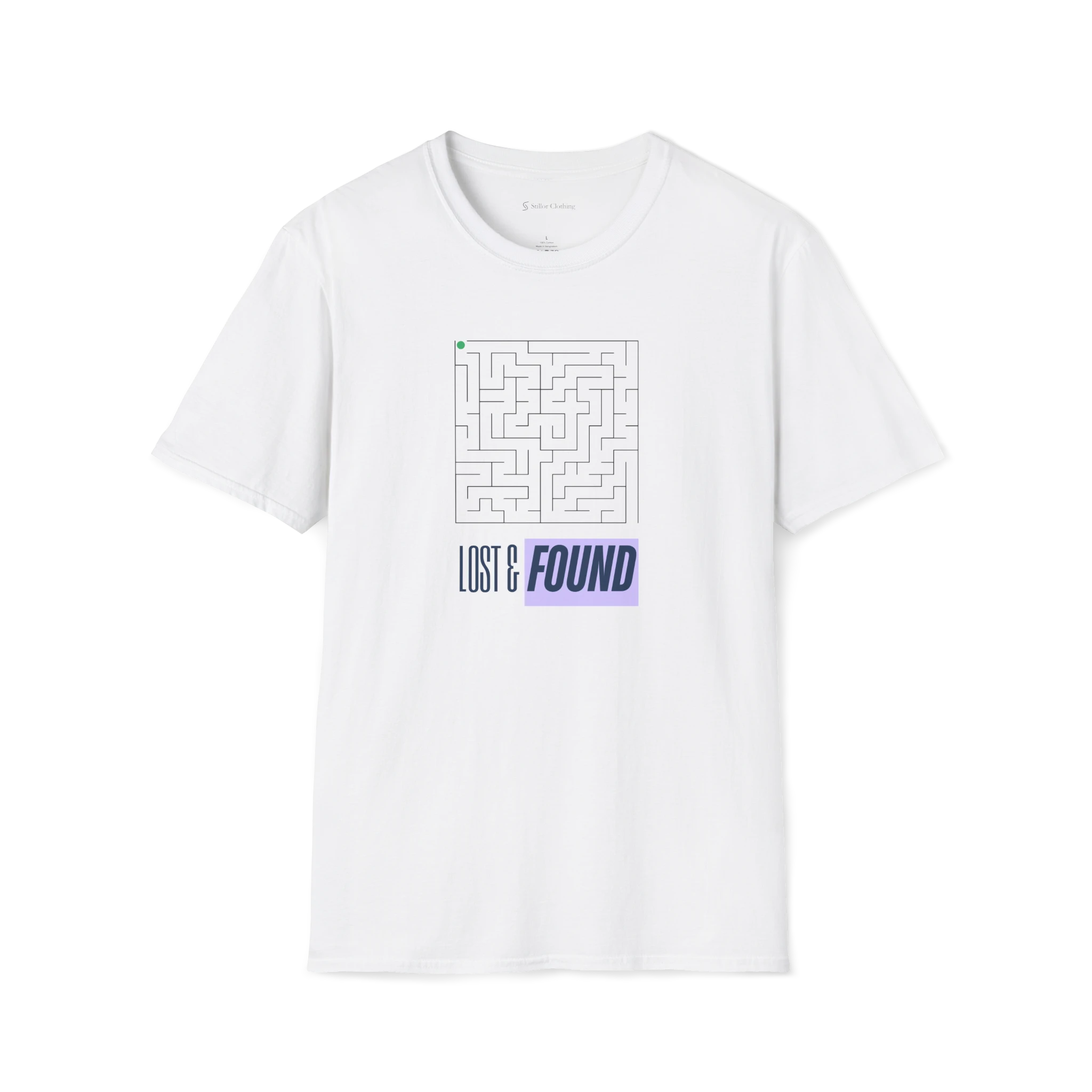 White Lost & Found T-Shirt, front view with maze graphic, green dot, and purple FOUND text block.