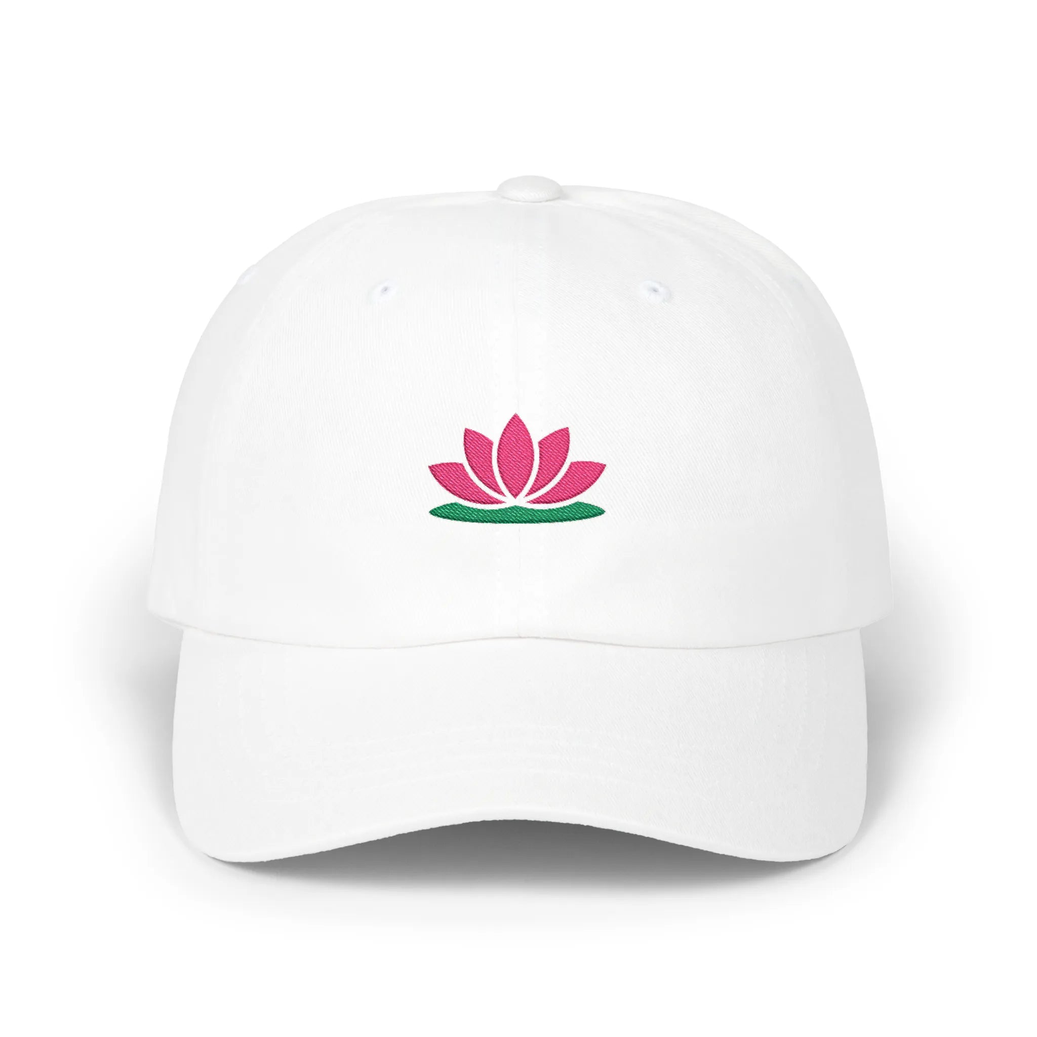 White lotus baseball cap, front view with pink lotus flower embroidery over green base