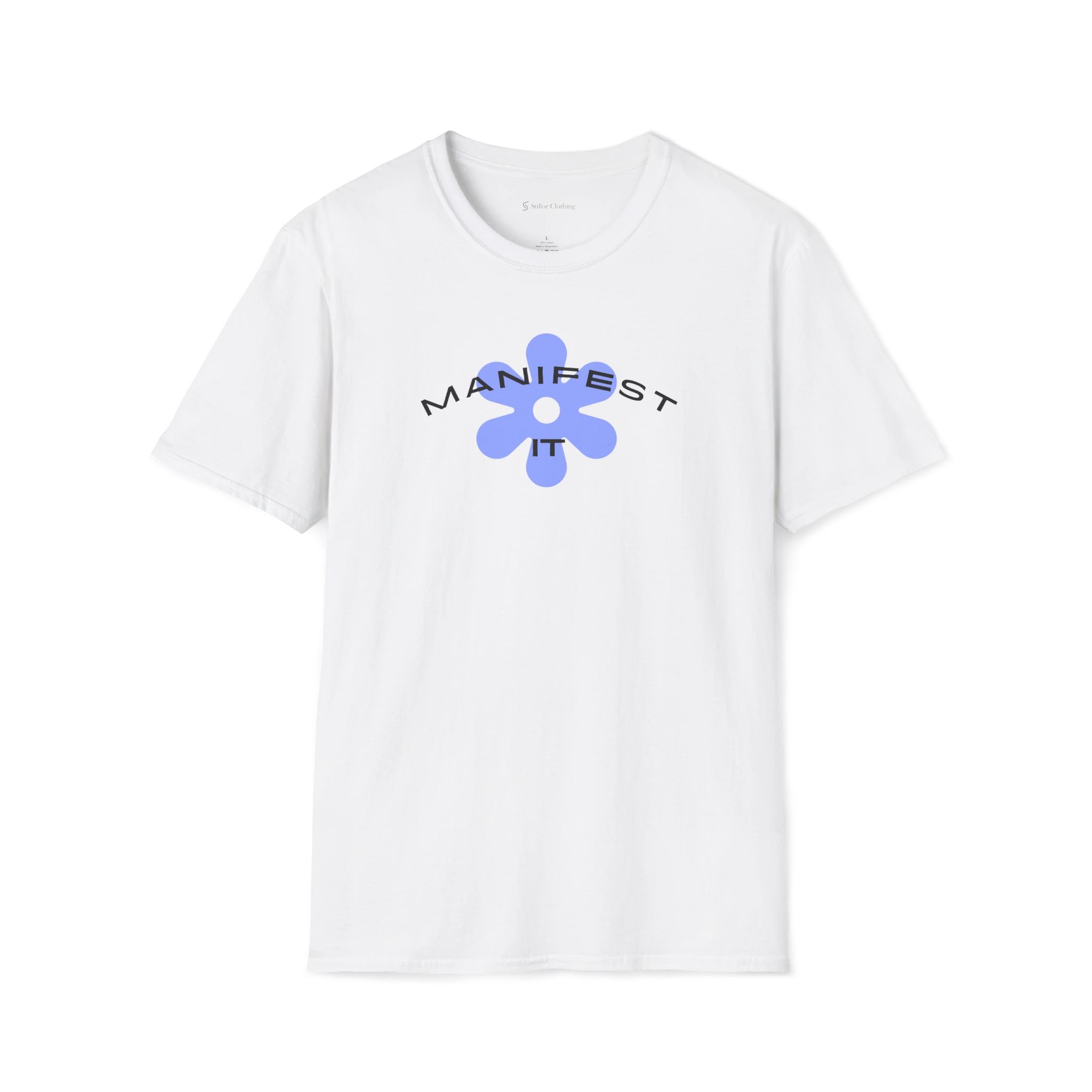 White Manifest It T-Shirt, front view with curved text and blue flower graphic on the chest