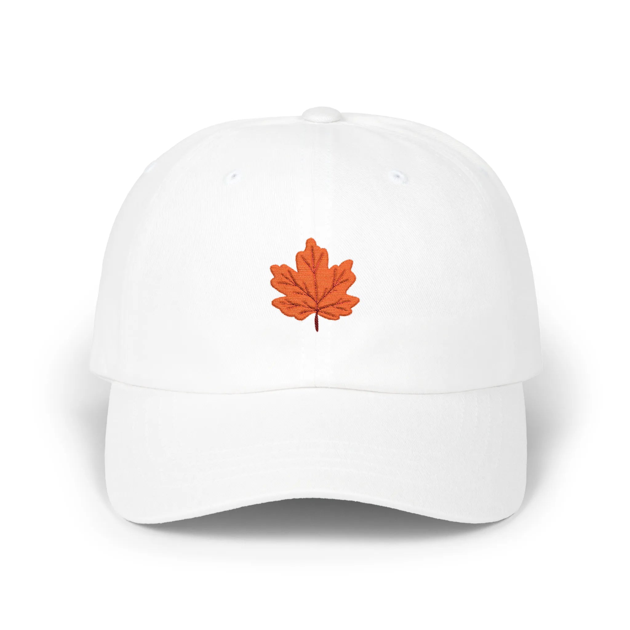 White maple leaf baseball cap, front view with orange maple leaf embroidery at center