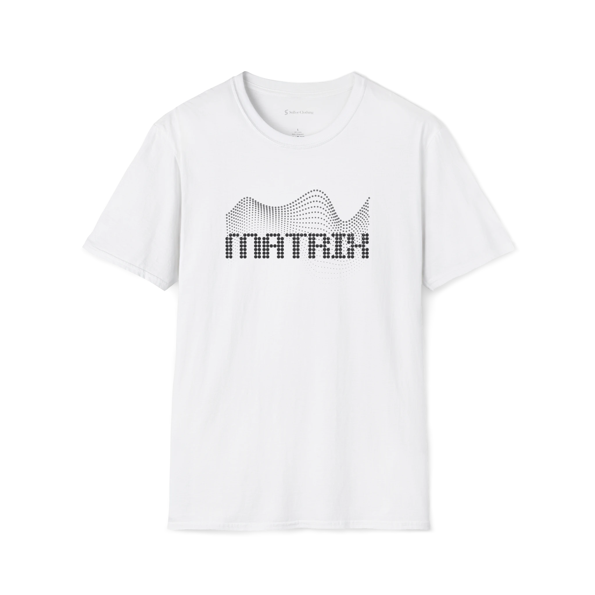 White Matrix T-shirt, front view with black dotted wave graphic and matrix text.