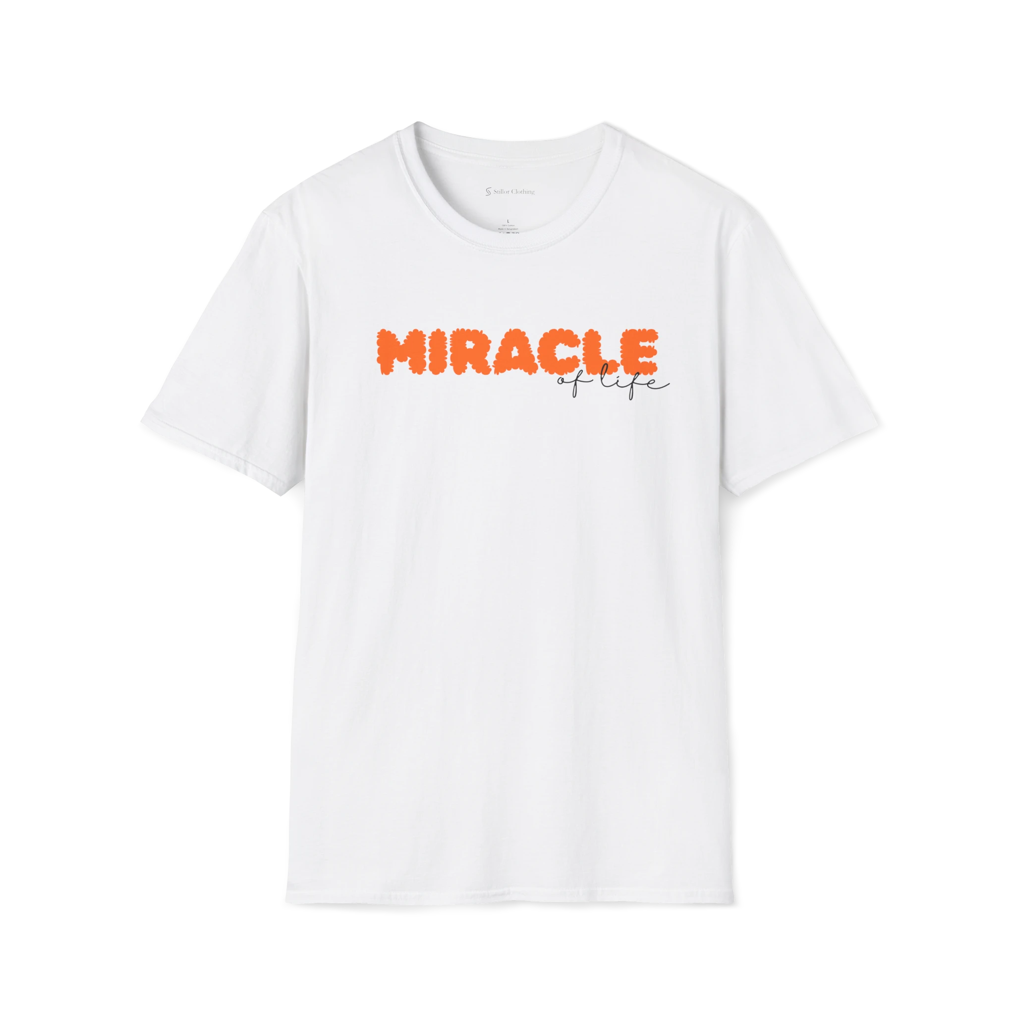White Miracle Of Life T-shirt, front view with orange miracle text and black cursive of life detail