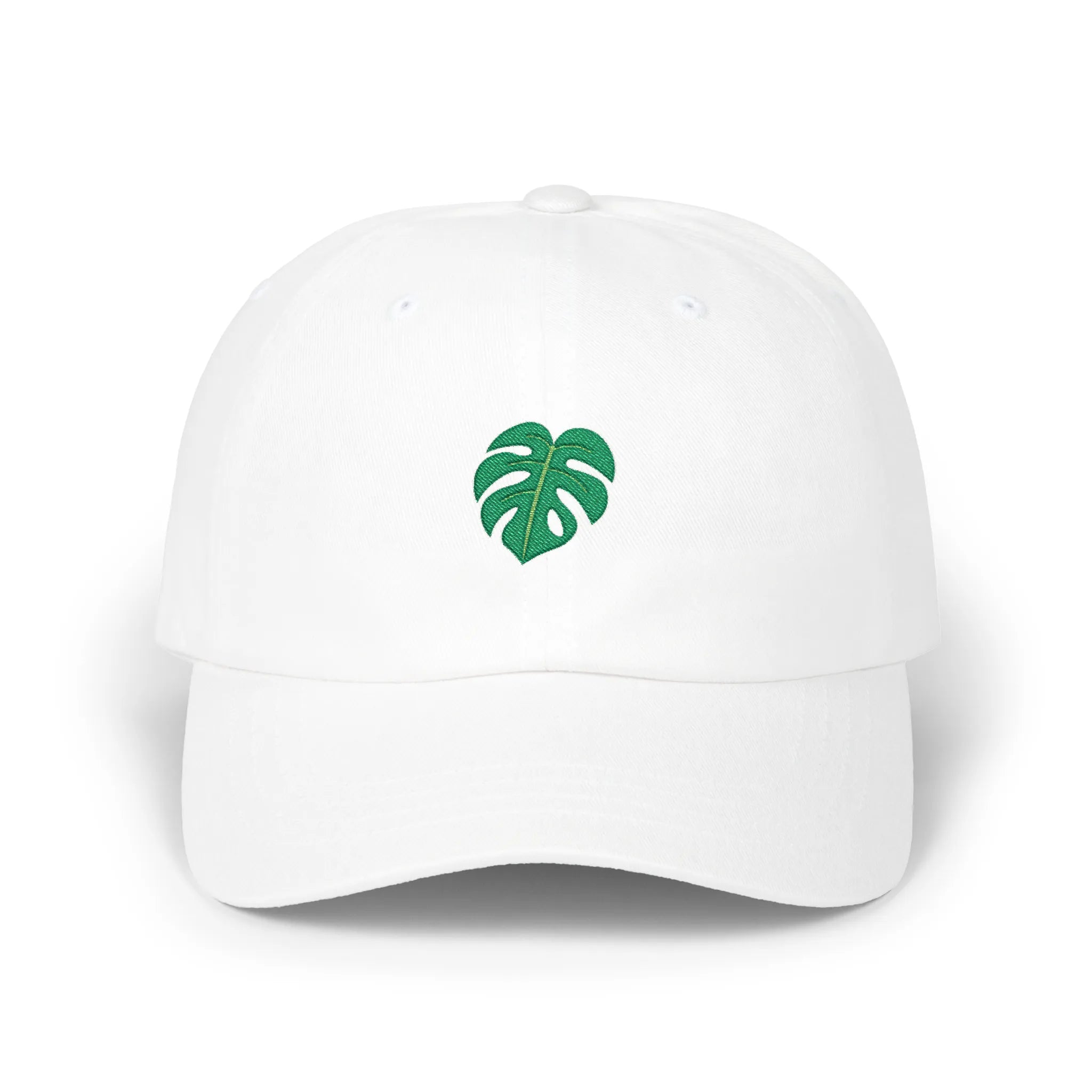 White monstera leaf baseball cap, front view with green monstera leaf embroidery