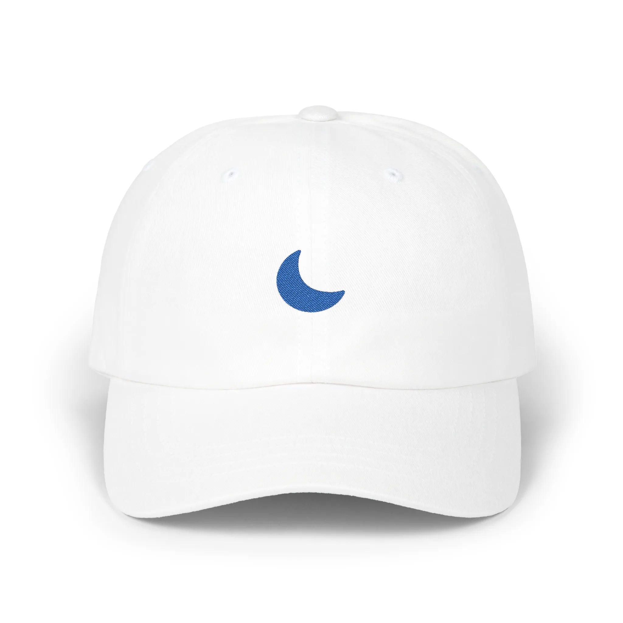 White moon baseball cap, front view with blue crescent moon embroidery at center