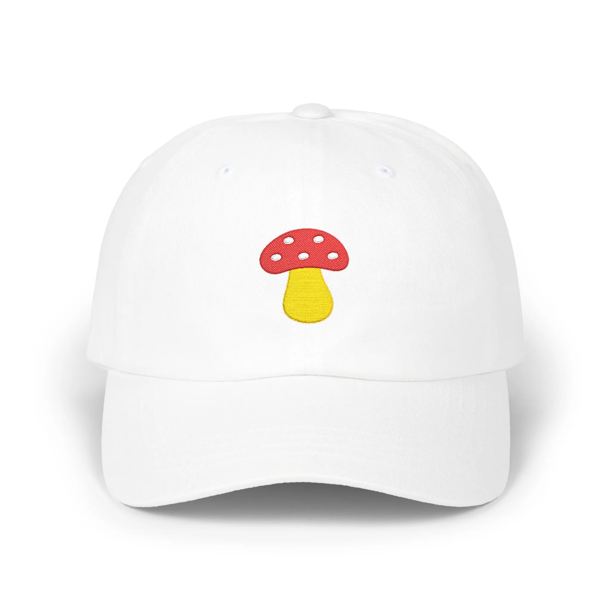 White mushroom baseball cap, front view with red and yellow mushroom embroidery