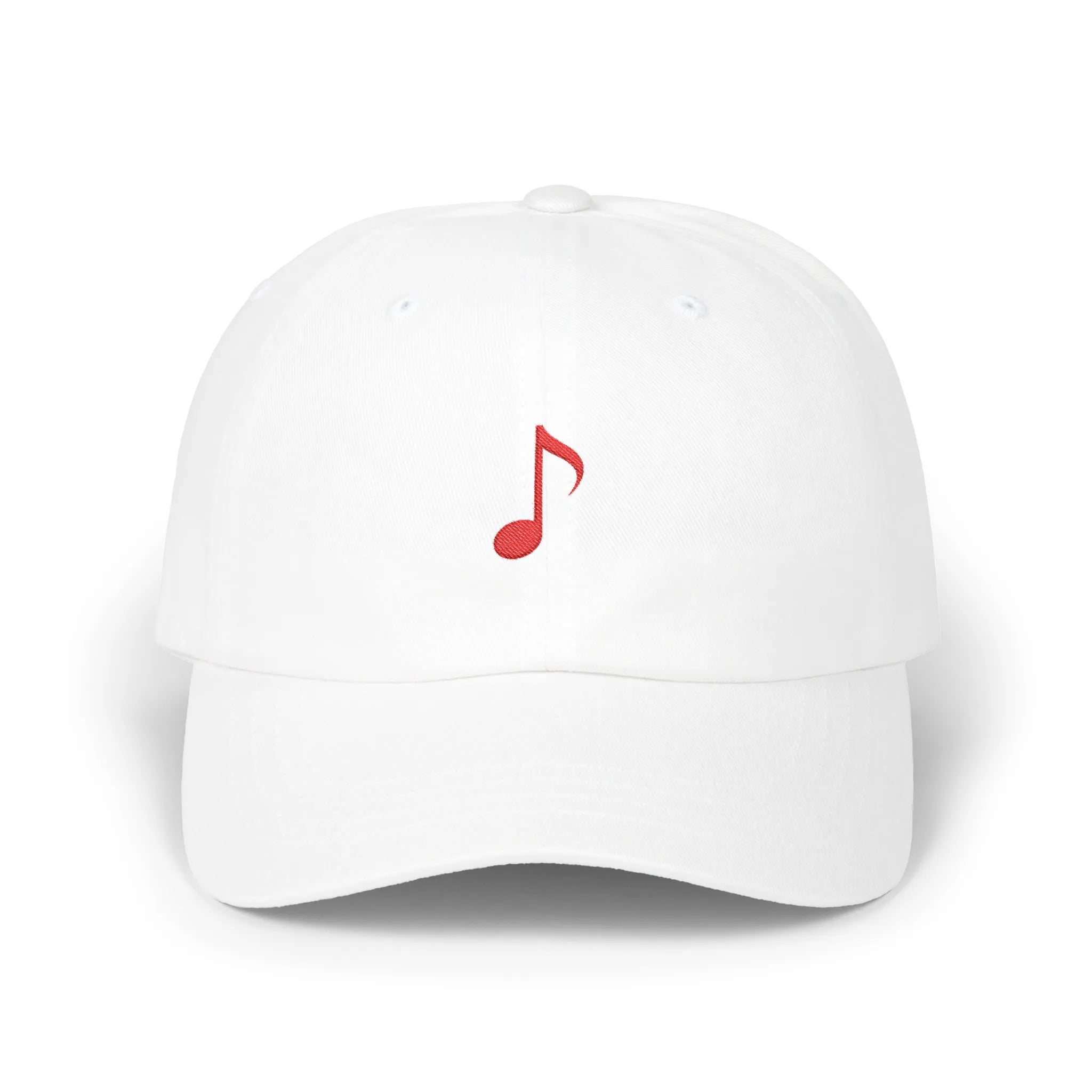 White music note baseball cap, front view with red music note embroidery at center