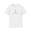 White Own Your Story T-Shirt, front view with star icon above blue and black text print.