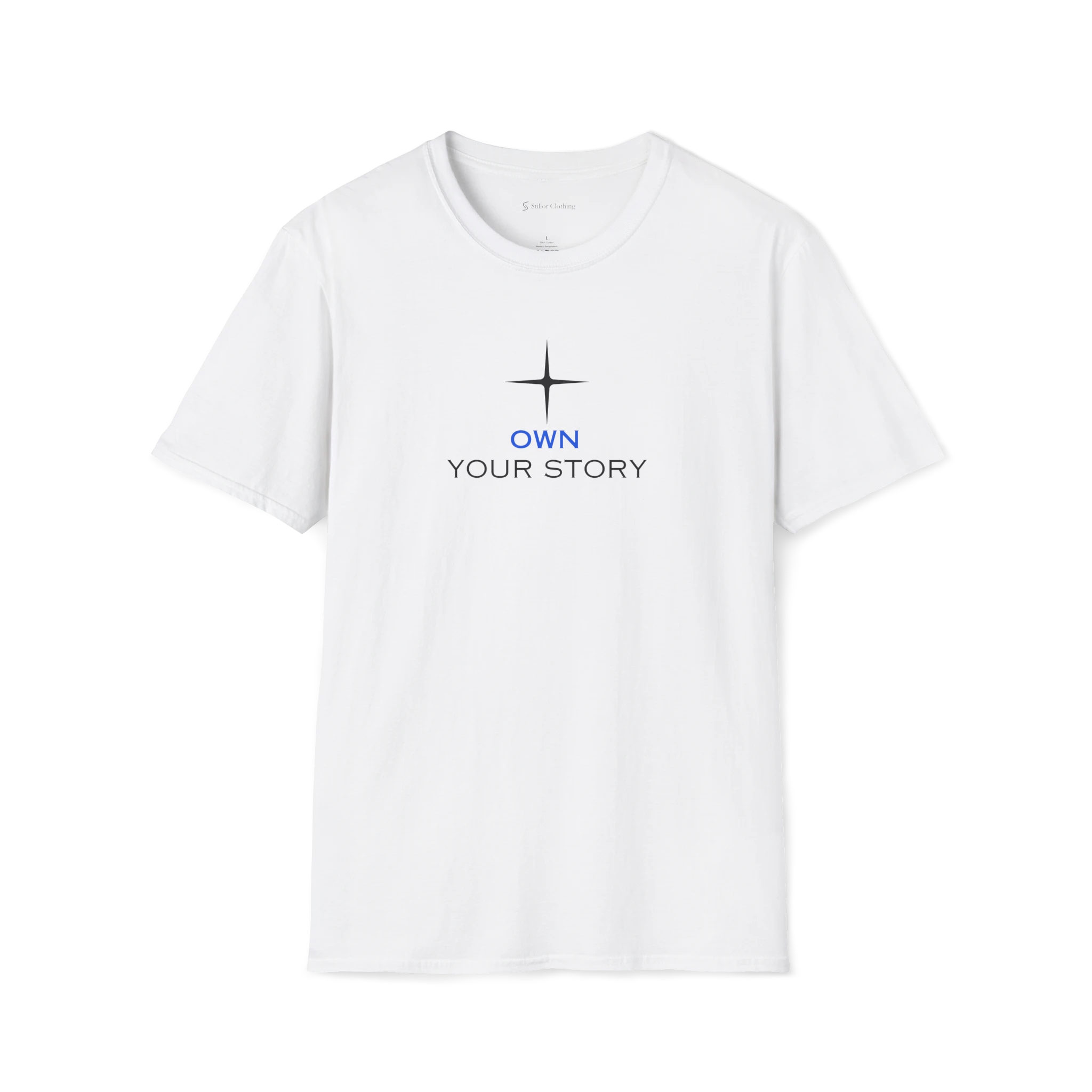 White Own Your Story T-Shirt, front view with star icon above blue and black text print.