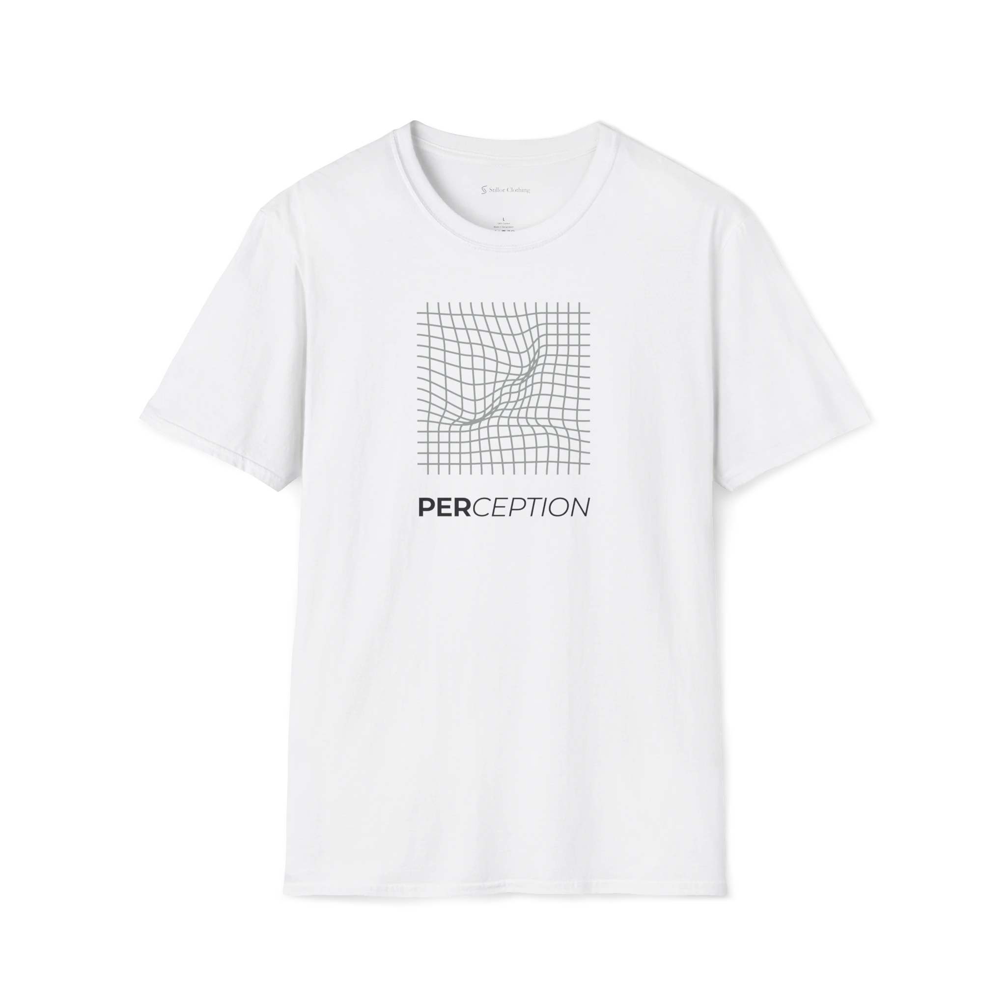 White Perception T-shirt, front view with grey warped grid graphic and bold PERCEPTION text.