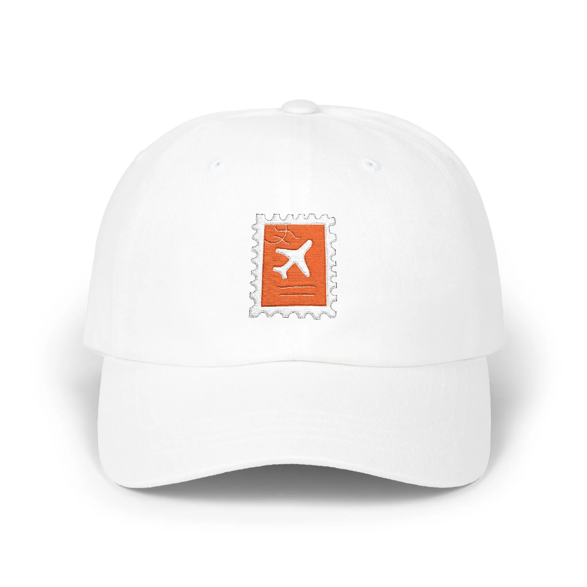White plane ticket baseball cap, front view with orange stamp and airplane embroidery