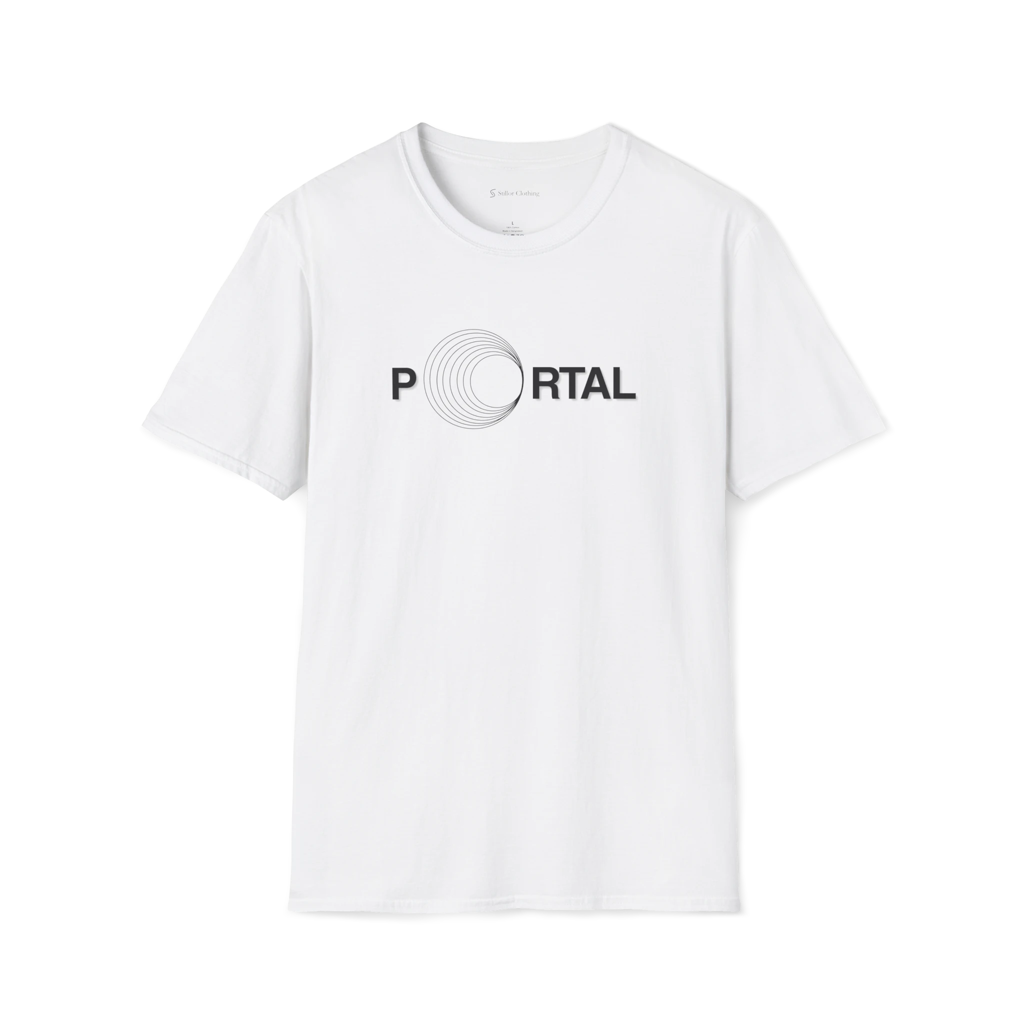 White Portal T-Shirt, front view with circular tunnel graphic replacing the O in Portal