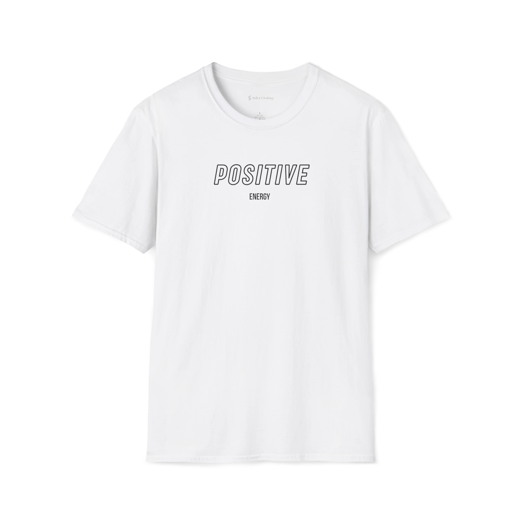 White Positive Energy T-Shirt, front view with outlined POSITIVE text and small ENERGY lettering on the chest.