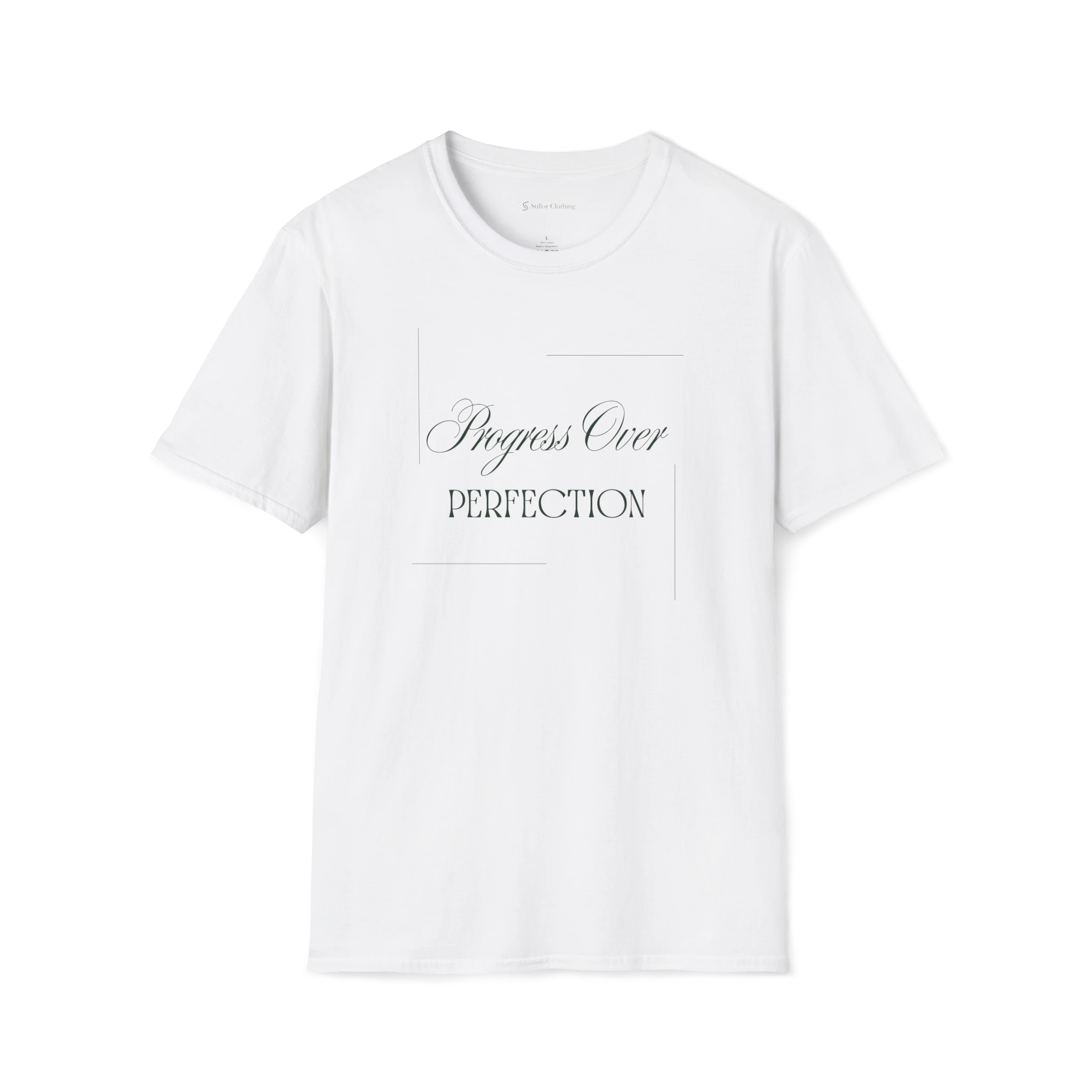 White Progress Over Perfection T-Shirt, front view with elegant script and serif text print.