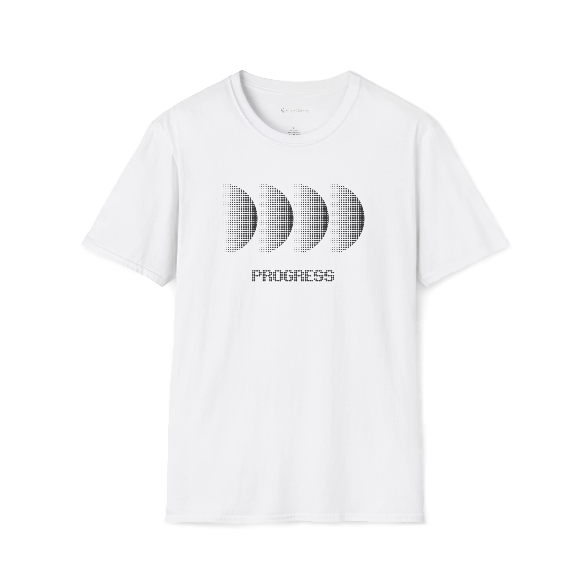 White Progress T-Shirt, front view with black halftone moon phase graphic and progress text