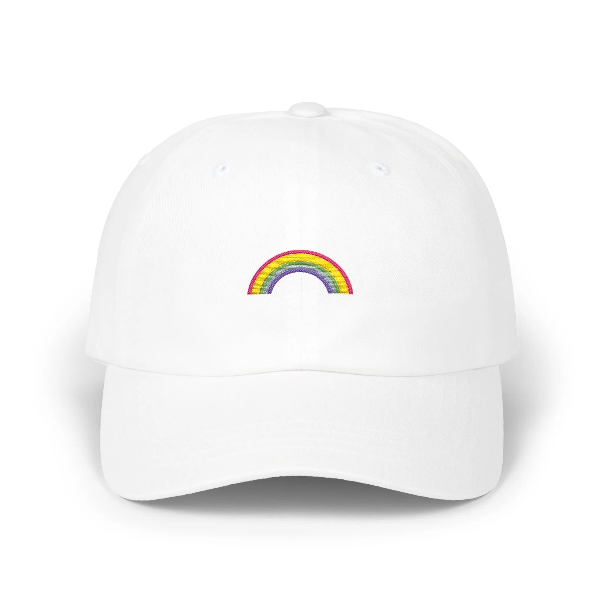 White rainbow baseball cap, front view with small multicolor rainbow embroidery