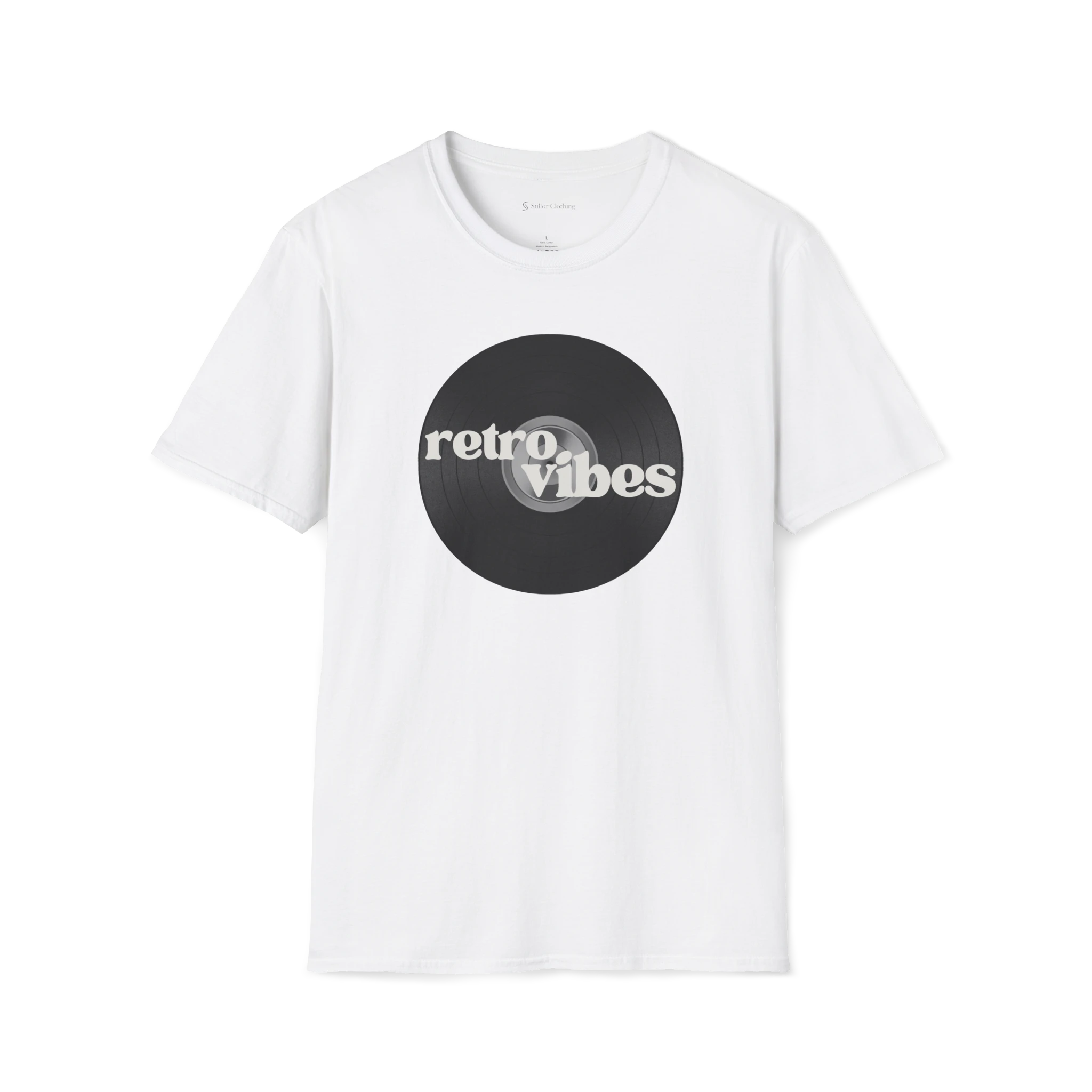 White Retro Vibes t-shirt, front view with black vinyl record graphic and bold retro lettering