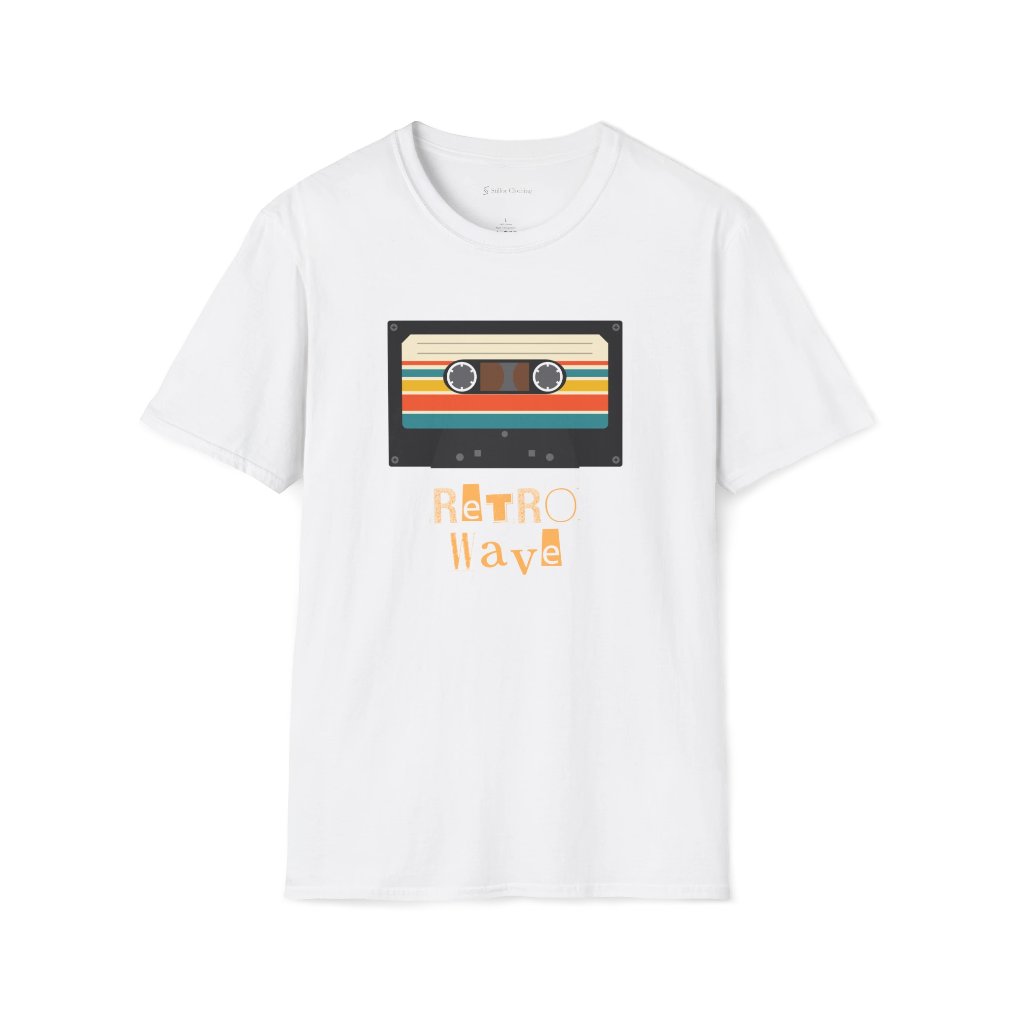 White Retro Wave T-Shirt, front view with cassette tape graphic and orange retro lettering.