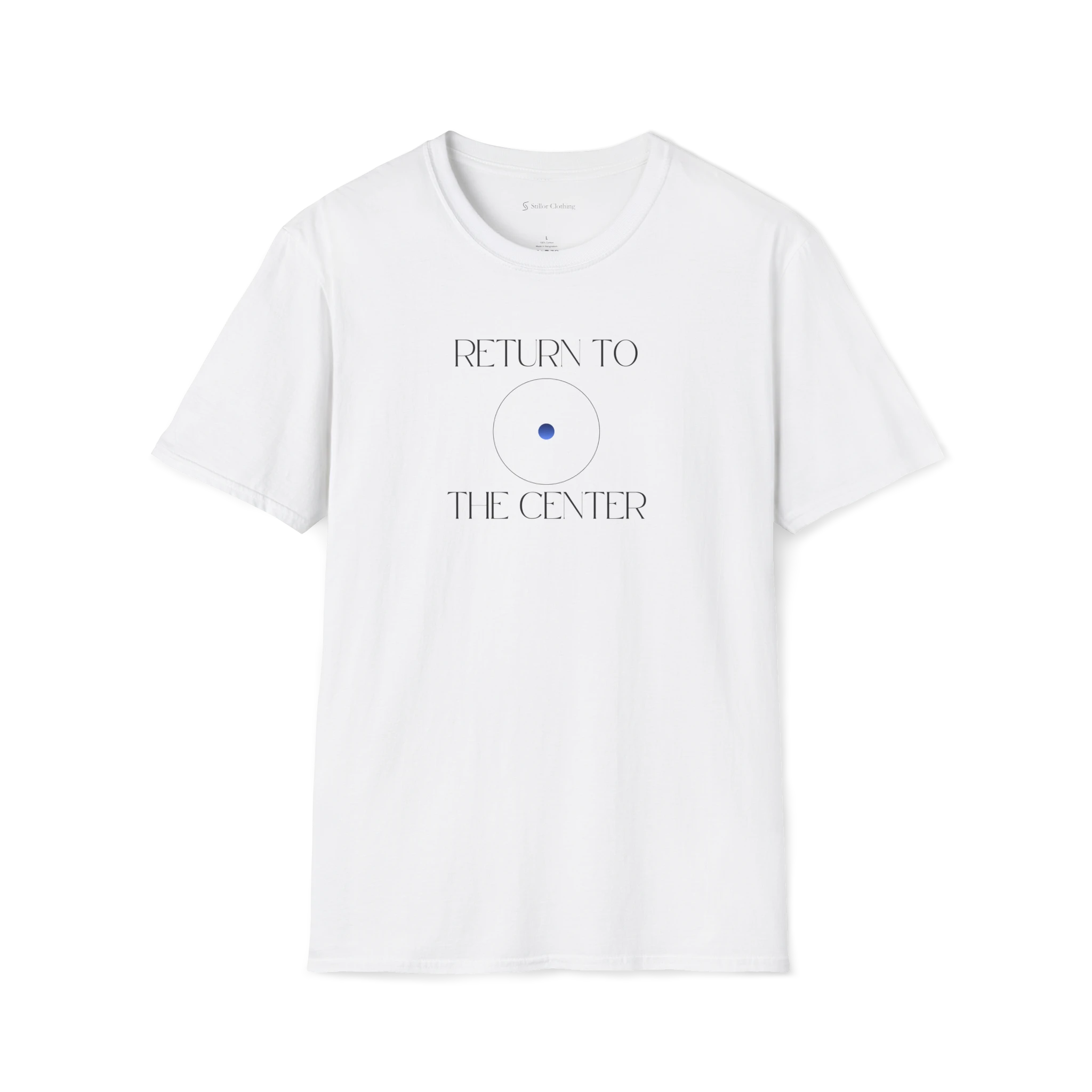 White Return To The Center t-shirt, front view with white circular center graphic and text