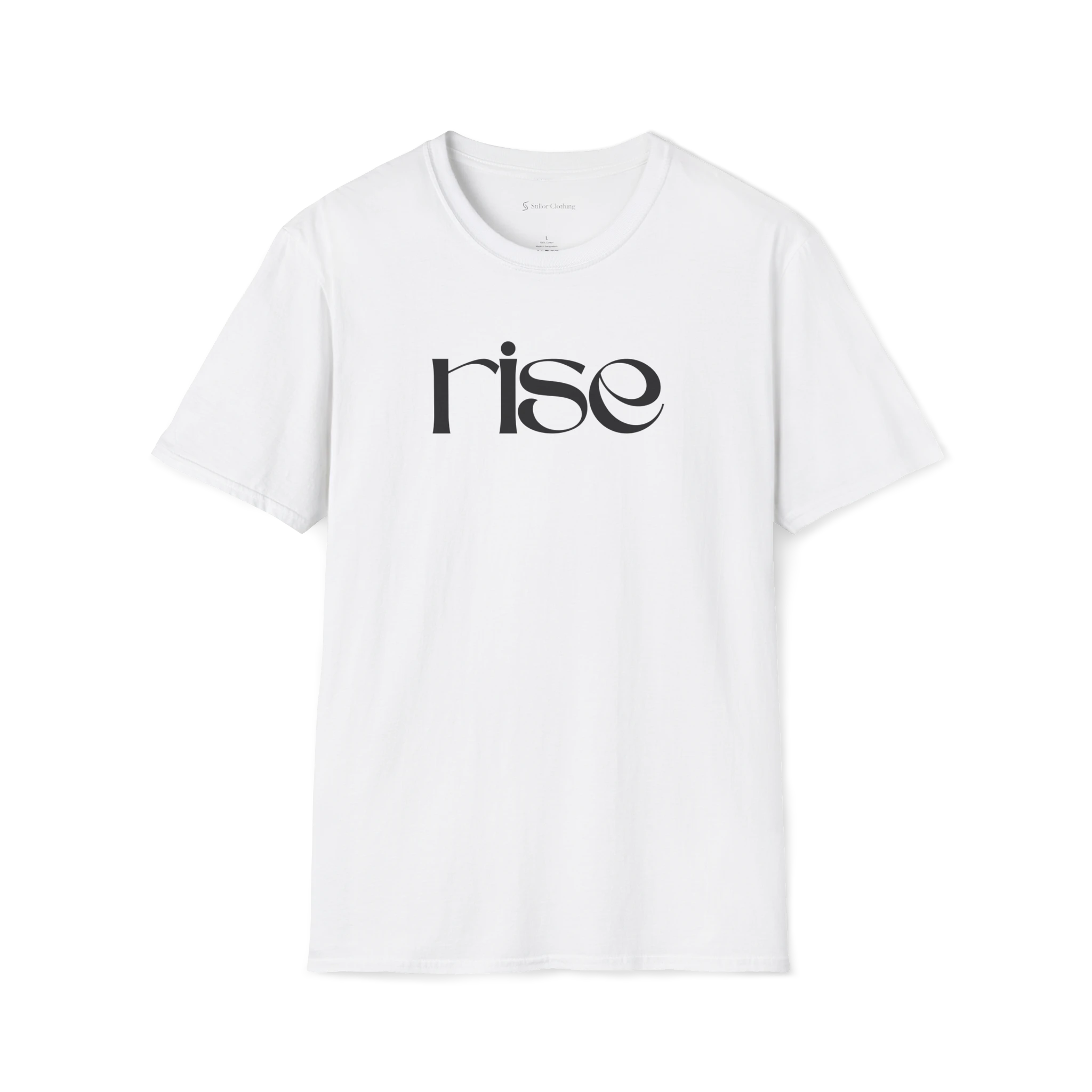 White Rise t-shirt, front view with black minimalist typography design