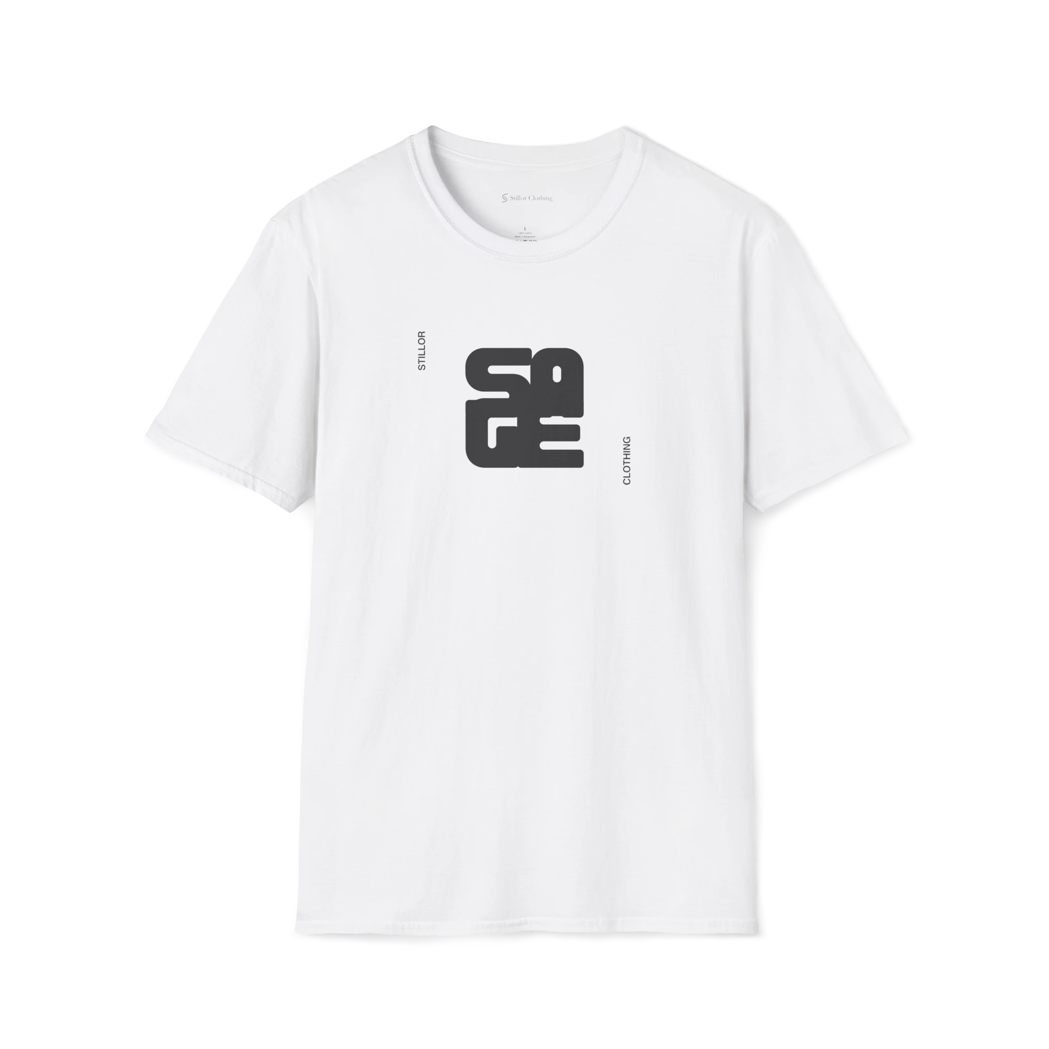 White Sage T-Shirt, front view with bold dark monogram graphic and vertical Stillor Clothing text.
